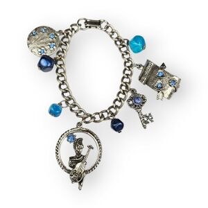 Vintage Rockabilly Charm Chain Bracelet Blue Rhinestone Bead Flower Key Bass 70s